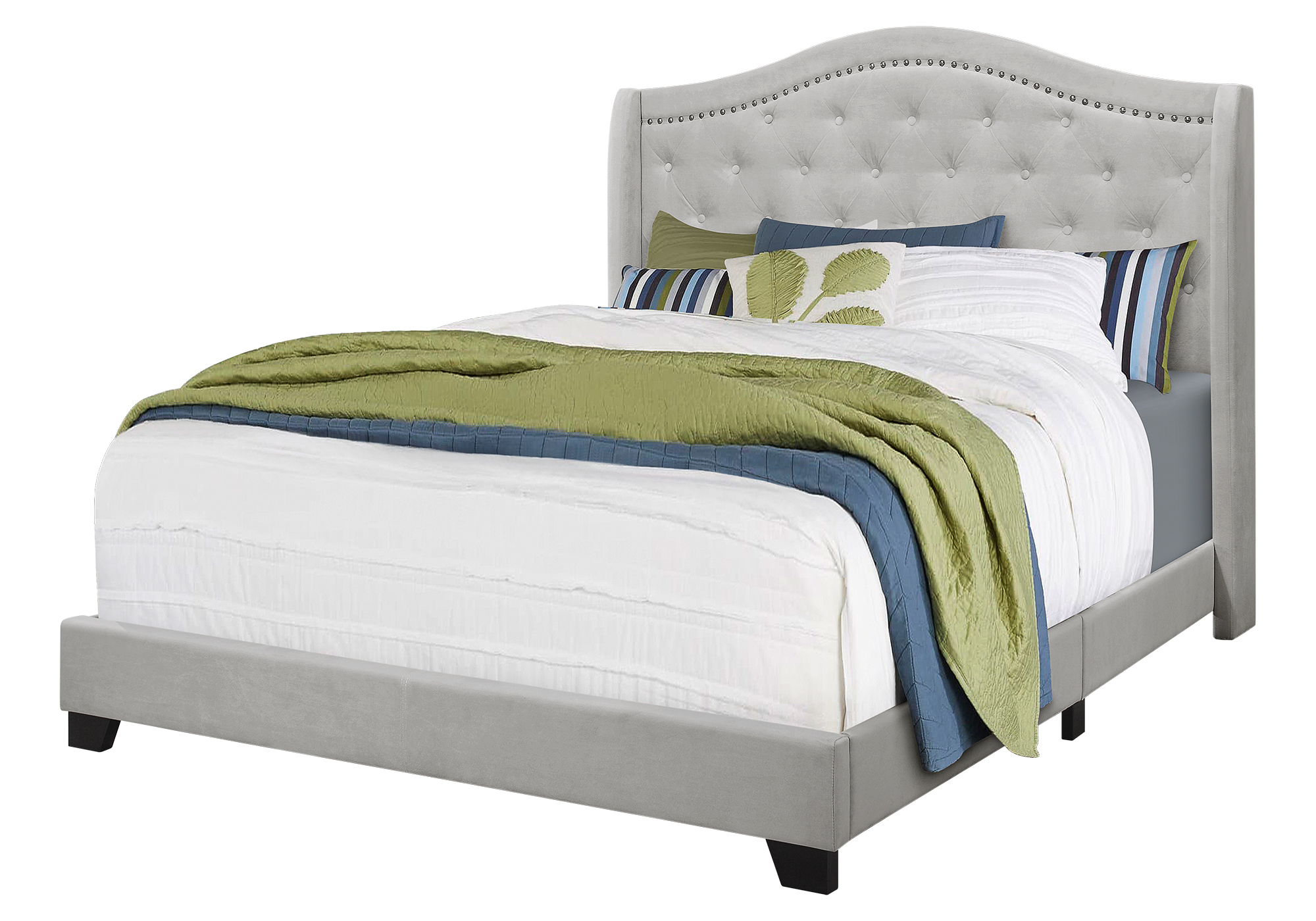 BED - QUEEN SIZE / LIGHT GREY VELVET WITH CHROME TRIM